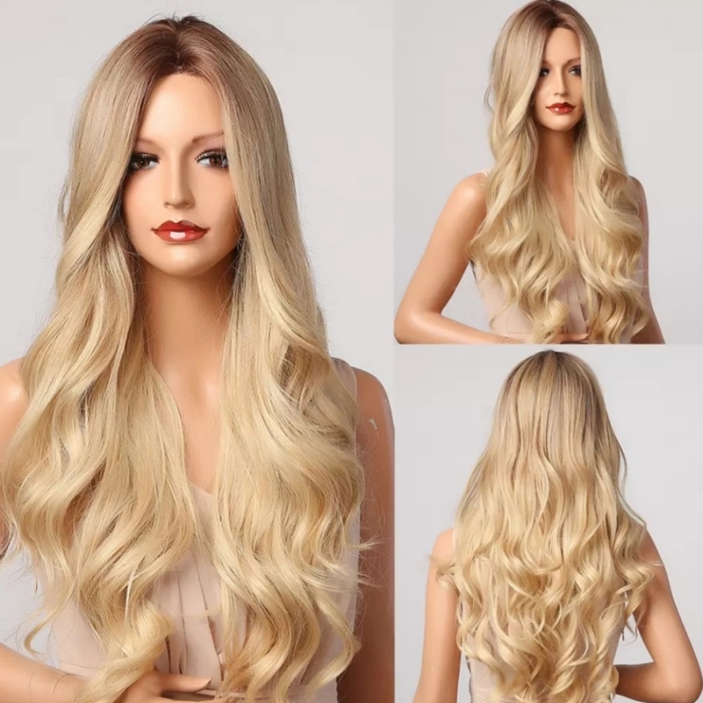 LONG BLONDE OMBRE WAVY SYNTHETIC WIG, HEAT RESISTA